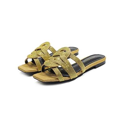 Imagem de Sandálias de verão com strass e sapatos de couro para mulheres planas com sandálias confortáveis ​​para praia e férias (Color : Gold, Size : 43EU)