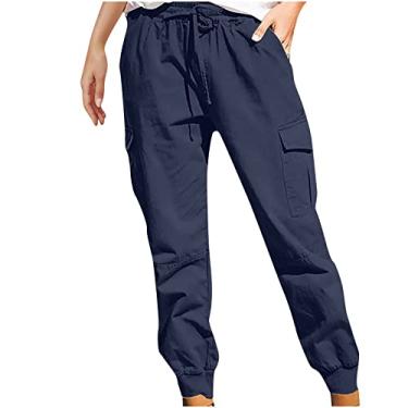 Imagem de Calça feminina fina rodada perna larga calças soltas calças para mulheres calças cargo verão outono 2024, H-085 azul-marinho, P