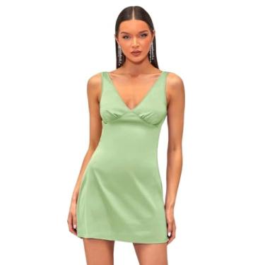 Imagem de Camisa Feminina Solid Double V Neck Satin Dress (Color : Lime Green, Size : M)