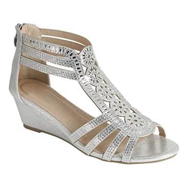 Imagem de ABSOLEX Sandália feminina de salto baixo com tiras abertas e strass, Prata, 35