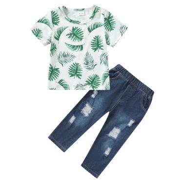Imagem de CARETOO Roupas infantis para meninos, roupas de verão, camiseta de manga curta, conjunto de calça jeans 12M-5T, Folha verde, 3-4 Anos