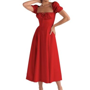 Imagem de Mskhvoe Vestidos femininos de primavera 2024, vestido longo de manga curta com decote em V, vestidos casuais de verão para mulheres 2024, vestido floral, #1902-vermelho, GG