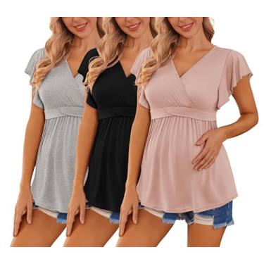 Imagem de Ekouaer Camisetas femininas de maternidade pacote com 3 camisetas voadoras de manga curta para amamentação, gola V, roupas de gravidez, Cinza claro + preto + rosa (3 peças), GG