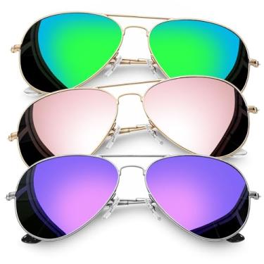 Imagem de Joopin Óculos de sol retangulares, óculos de sol clássicos militares para homens, óculos de sol de aviação de metal com proteção UV polarizada para fantasia, C41- Grande (verde + rosa + roxo), Normal