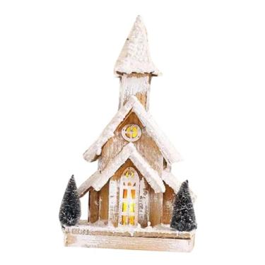 Imagem de Esquirla Igreja de neve iluminada de madeira de Natal em miniatura com cena de neve de Natal enfeite de mesa decorativo 40x19cm para sala de estar versátil
