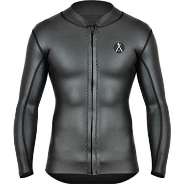 Imagem de A Vebodi Top de roupa de mergulho masculina de surf. Jaqueta de surf masculina de neoprene de 1,5 mm. Colete de manga comprida com zíper frontal. Top de terno molhado. Pequeno