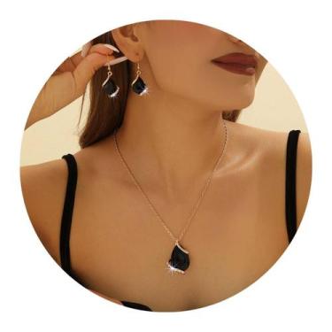 Imagem de Conjunto Colar e Brincos Pedras Strass Luxo Tendência Preto - anjo da 