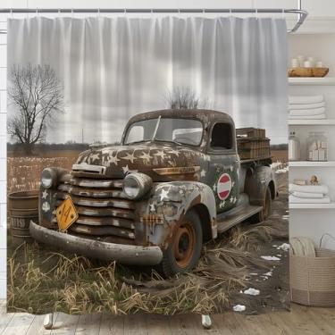 Imagem de AMFD Cortina de chuveiro de caminhão vintage rústica fazenda country antigo carro antigo cortinas de banheiro decoração conjunto de tecido inclui ganchos, (177.8 cm WX70 H)