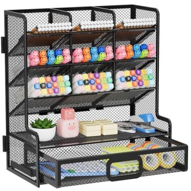 Imagem de Marbrasse Organizador de mesa de malha maior com gaveta, porta-lápis multifuncional, organizadores de mesa e acessórios para materiais de arte de escritório (preto)