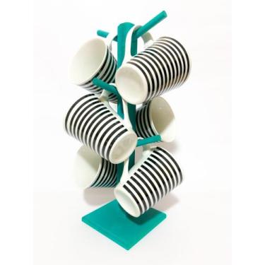 Imagem de Kit Jogo 6 Xicara Grande 240ml listra preta + Suporte Mdf Enfeite Cozi