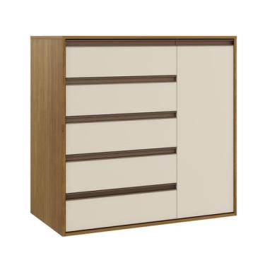 Imagem de Cômoda 5 Gavetas 1 Porta Multiuso MDF Select Belmax, Freijó/Off White