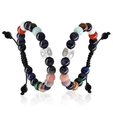 Imagem de Pulseiras elegantes com contas – Joias de energia de cura de aço inoxidável e pedra natural para casal, conjunto de pulseiras ajustáveis de sol e lua não inteligentes com significado positivo