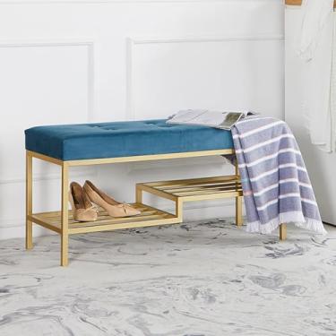 Imagem de Banco de cama luxuoso tufado, sapateira moderna para varanda de corredor, prateleira organizadora de nível, banco de armazenamento de sapatos de entrada com almofada de veludo - azul 100 x 35 x 45 cm