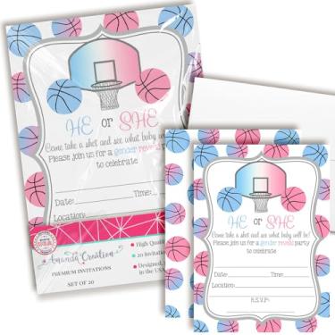 Imagem de Convites de revelação de gênero de basquete - 20 cartões de chá de bebê para ele ou ela com envelopes - Tema esportivo rosa e azul por AmandaCreation