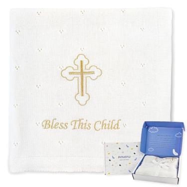 Imagem de Pinuotu Cobertor de bebê branco neutro, cobertor de bebê recém-nascido, capa de xaile de amamentação, batizado, cobertor de bebê menino com cruz bordada, 101 x 78 centímetros