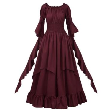 Imagem de JerrisApparel Women Renaissance Vintage Dress Ruffle Sleeve Maxi Gown Smocked Waist Medieval Cosplay Costume (Burgundy, S/M)