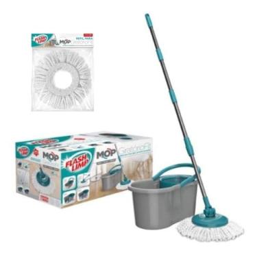 Imagem de Mop Giratório com Balde e Refil, Sistema de Limpeza com Centrifuga, Cabo Extensível, Cinza e Turquesa