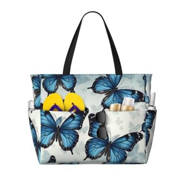 Imagem de LDTVSFZQ Bolsa de praia com borboleta azul para mulheres, grande, impermeável, à prova de areia, bolsa de piscina, bolsa leve com zíper para viagem de ginástica, preta, tamanho único