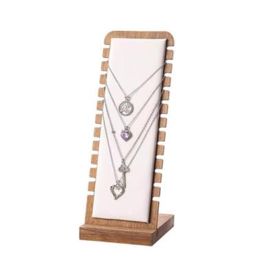 Imagem de SWTOOL 1 suporte de exibição de colar de joias de bambu cor nogueira com tapete macio de couro branco colar pingente de mesa suporte de exibição para shows de venda em casa