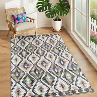 Imagem de YesRug Tapete lavável 7 x 12 cm, tapetes modernos marroquinos geométricos de treliça, tapete preto ocidental e asteca tribal neutro para meninos, tapete antiderrapante para quarto, cabeceira, entrada