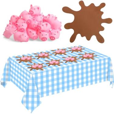 Imagem de FoldTier 33 peças de artigos de festa de aniversário de porco azul inclui mini jogo americano de borracha rosa porco enlameado poça de plástico descartável toalha de mesa xadrez para decorações de