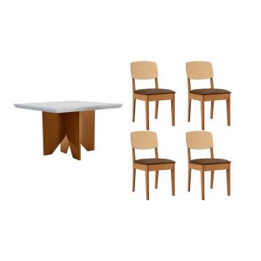 Imagem de Conjunto Sala de Jantar Nevada c/ Tampo Madeirado c/ Vidro Canto Curvo 90x90cm e 4 Cadeiras Havana Premium Naturale/Off White - Capuccino/Suede Marrom