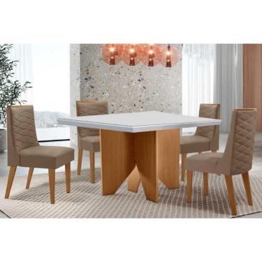 Imagem de Conjunto Sala de Jantar Nevada c/ Tampo Madeirado c/ Vidro Canto Curvo 90x90cm e 4 Cadeiras Dafne Madeira Maciça Naturale/Off White - Capuccino/Suede 