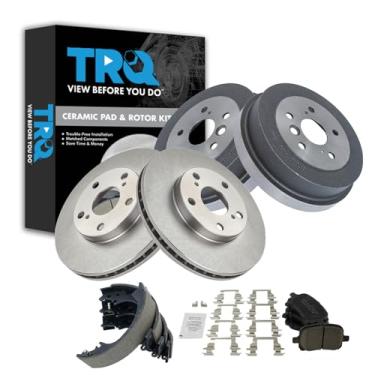 Imagem de TRQ Pastilha de freio dianteiro e traseiro e rotor, kit de sapata e tambor de cerâmica compatível com Toyota Camry 1997-2000 1999-2001 Solara