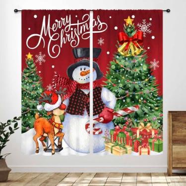 Imagem de Cortinas vermelhas de Natal, boneco de neve de inverno, floco de neve, Natal, pinheiros, ramos de pinheiros, neve, feliz ano novo, estampado, quarto, sala de estar, cozinha, janela, 2 painéis, 106 x