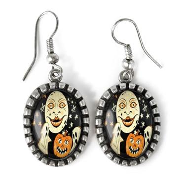 Imagem de Brincos Ghosts n' Goblins - Brincos retrô de Halloween em prata antiga - 806-SOE, vidro, cabochão