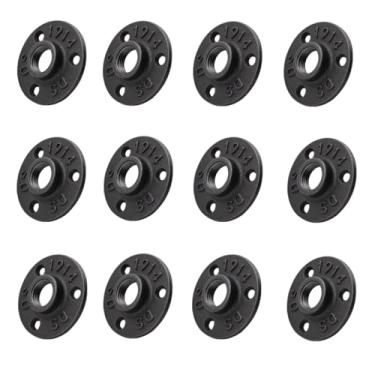 Imagem de Pacote com 12 Flanges de piso, acessórios para tubos de ferro maleável para estilo vintage industrial, flanges com furo rosqueado para projetos faça-você-mesmo/móveis/decoração de prateleiras (0,5