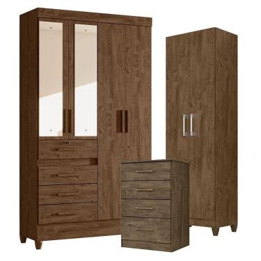 Imagem de Guarda Roupa Com Espelho Solteiro Sobral Com Cômoda Ms913 E Armário Multiuso New íris Castanho Wood - Moval