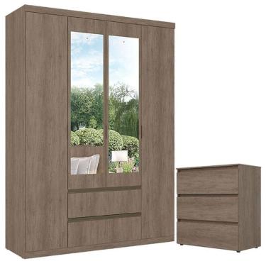 Imagem de Guarda Roupa Solteiro Nobre Slim Glass 4 Portas E Cômoda Gaveteiro Condessa Rustic Acetinado - Thb