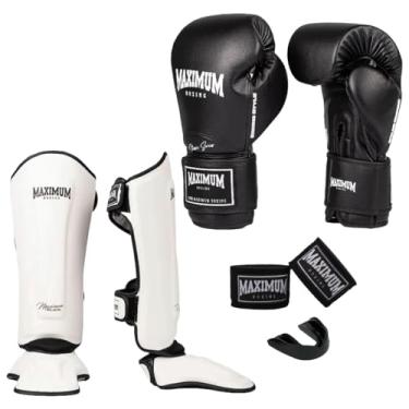Imagem de Kit Luva de Boxe New Classic Preto + Caneleira Muay Thai Branco + Bandagem 3m + Protetor Bucal - Maximum (LUVA 16oz + CANELEIRA M)