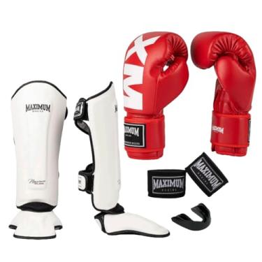 Imagem de Kit Luva de Boxe Vermelho + Caneleira Muay Thai Classic Branca + Bandagem + Protetor Bucal - Maximum Boxing (LUVA 14oz + CANELEIRA M)