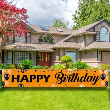 Imagem de Placa de faixa de feliz aniversário - 25 x 4 m, grande decoração de festa de jardim ao ar livre, pano de fundo laranja e preto para homens e mulheres.