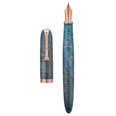 Imagem de HONG DIAN Caneta-tinteiro A10 de madeira estabilizada, ponta extrafina, entalhe em nó chinês, caneta artesanal com tampa magnética e conjunto de caixa de metal (azul galáxia)