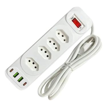 Imagem de Extensão Elétrica 2 Metros 4 Tomadas 10A com 2 USB-A e 2 USB-C, Cabo Reforçado, Bivolt, Liga/Desliga com Proteção, Ideal para Carregar Celulares, Notebooks e Organizar Seu Espaço PREMIUM (Branco)