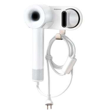 Imagem de simpletome Suporte de parede para secador de cabelo para todos os secadores magnéticos de alta velocidade com gancho organizador de cabo de plugue (liga de alumínio, branco)