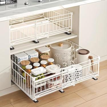 Imagem de NETEL Pacote com 2 organizadores de armário expansíveis, grade de proteção elevada de 17 cm, largura ajustável de 33 a 51 cm, 3 trilhos sem furadeira adesivos para descascar e colar gavetas