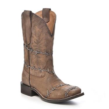 Imagem de Corral Boots Botas caubói masculinas marrons feitas à mão | Botas ocidentais de bico quadrado com design de arame farpado