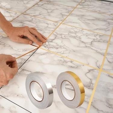 Imagem de Adesivos de parede com costura à prova d'água - 1 rolo escovado dourado prateado - fita adesiva de azulejo de resina autoadesiva, uso único para decoração de casa, tema de fantasia de forma alongada