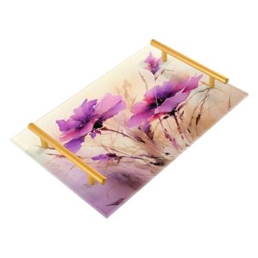 Imagem de Wassud Bandeja de banheiro de flores violeta com alças organizador de perfume de acrílico para banheiro, quarto, cozinha, balcão de 30 x 20 cm