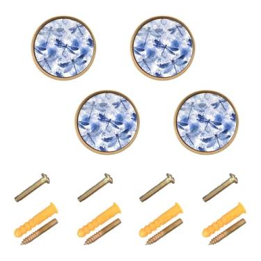 Imagem de Burbuja Maçanetas de armário de cozinha com flores de libélulas, pacote com 4, puxadores redondos de 3,5 cm, puxadores de cômoda com parafusos para armários de cozinha, quarto, armário