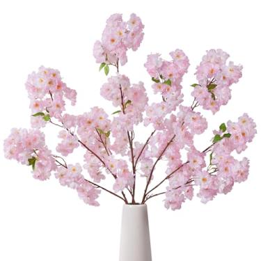 Imagem de YOUNGLEAVES 3 ramos de flor de cerejeira artificial rosa, hastes longas falsas realistas, arranjos de vaso de flores de cerejeira para casamento, mesa central, festa em casa, decoração de cozinha