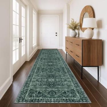 Imagem de KOZYFLY Corredores para corredores 8 x 3 m extra longo lavável lã sintética fina tapete de corredor boho tapete de entrada impresso para quarto, escadas, cozinha, sala de estar, corredor, verde escuro