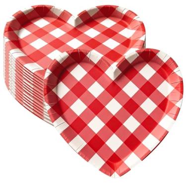 Imagem de BAISDY 40 peças de pratos de papel de dia dos namorados, xadrez vermelho, em forma de coração, pratos descartáveis para casamento, aniversário, mesa, artigos de festa