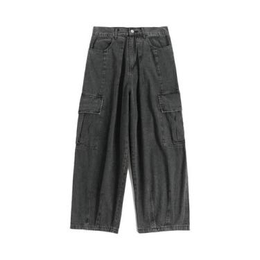 Imagem de Calças Jeans Baggy Pretas Para Homens, Perna Larga, Oversize, Cargo, E