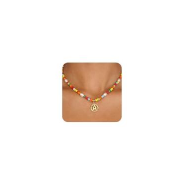 Imagem de CaptainSteeL Colar com inicial de pérolas coloridas, colar gargantilha com letra A-Z (40,6 cm + 5 cm, pingente inicial banhado a ouro 14K), 16in, Aço inoxidável, Miçanga Pérola