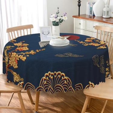 Imagem de SIEDYCV Toalha de mesa estilo japonês para mesa redonda 137 cm dourada flor de cerejeira tecido guindaste toalha de mesa antirrugas reutilizável azul escuro capa de mesa para festa temática